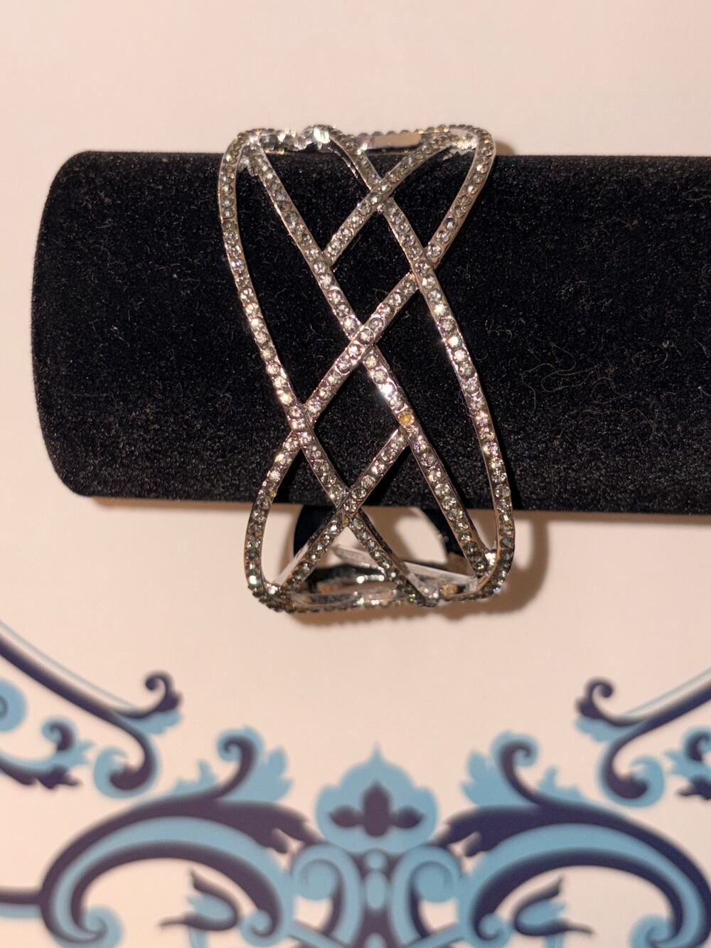 Silver Rhinestone Crisscross Wide Lattice Cuff Bracelet Pave Statement Band
